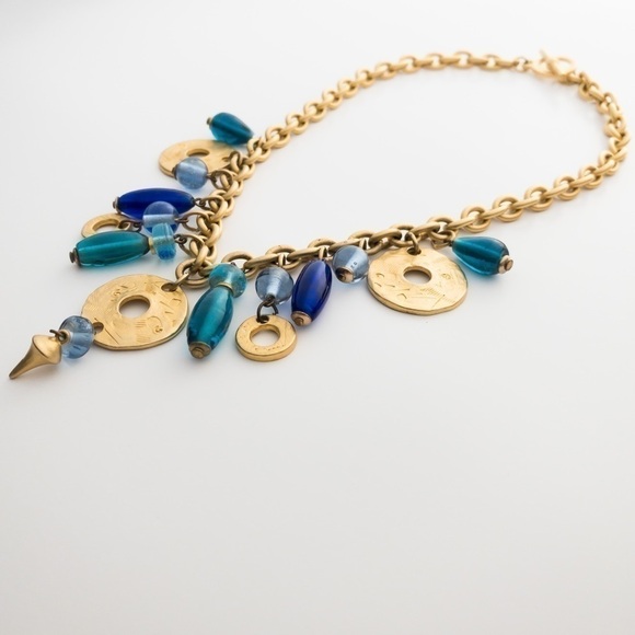 Chunky Gold Tone Charm Pendant Chain Necklace Blue Green Glass Deja Designs - Picture 8 of 13